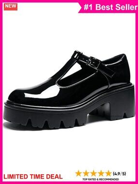 Women's T-Strap Mary Jane Platform Heel Patent PU Lug Sole